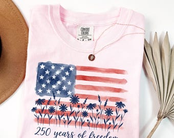 America 250th Anniversary Patriotic Shirt, Watercolor Flag Floral Tee