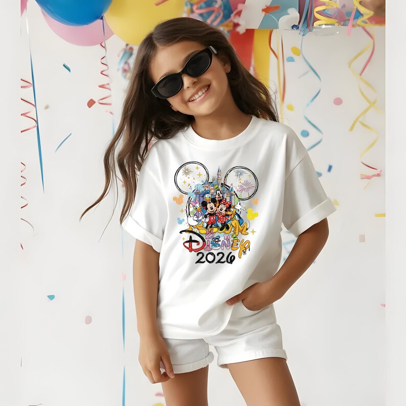 K&ouml;nnte beinhalten: Wei&szlig;es T-Shirt mit einem farbenfrohen Disney-Motiv mit Mickey und Minnie Mouse, dem Disney-Schloss und dem Text "Disney 2026". Das Shirt hat hochgekrempelte &Auml;rmel und wird mit wei&szlig;en Shorts getragen. Die Person im Bild tr&auml;gt eine schwarze Sonnenbrille.
