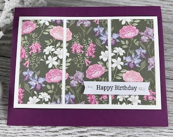 Handmade Floral Birthday Card | Vintage Garden Design, Plum Background, Blank Inside