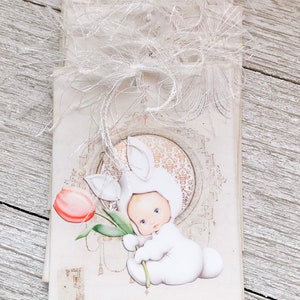 Étiquettes-cadeaux | Étiquettes | Signets | Bébé | Lapin | Pâques | Tulipe | Lot de 4 | Expédition incluse