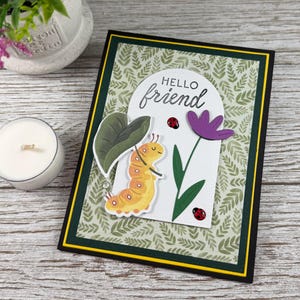 May include: A rectangular greeting card featuring a light green background with a dark green fern leaf pattern. A white arched die-cut overlay displays the text Hello friend, a yellow caterpillar under a green leaf, a purple flower, and two ladybugs.