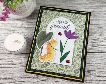 Handmade Hello Friend Card || Cute Caterpillar Greeting Card || Nature Inspired Blank Card || Whimsical Friendship Card with Envelope