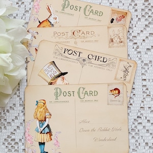 Art Mail | Cartes postales d'Alice au pays des merveilles | Cartes postales pour enfants | Cartes postales de dessin animé | pour cartes de vœux | Lot de 4 | Cartes de journalisation
