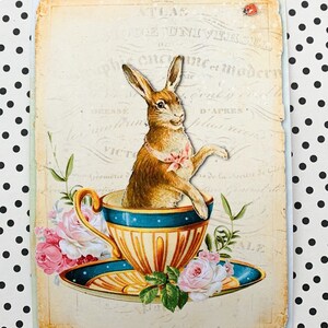 May include: A vintage illustration of a brown rabbit sitting in a blue and gold teacup. The rabbit is wearing a pink bow and the teacup is surrounded by pink and white flowers.