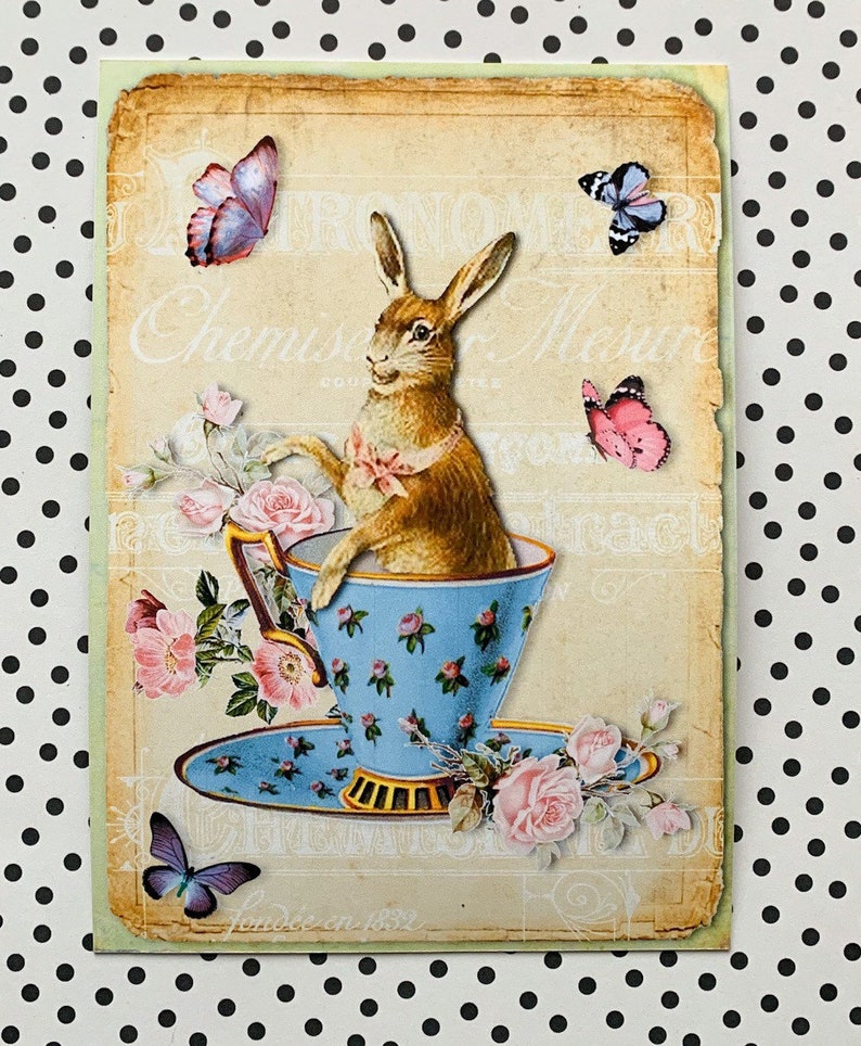 May include: A vintage illustration of a brown rabbit sitting in a blue teacup with a saucer. The teacup and saucer are decorated with pink roses. There are pink, blue, and purple butterflies flying around the rabbit.