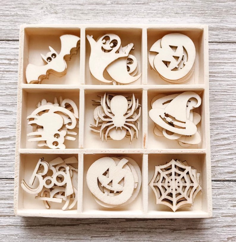 Itty Bitty Laser Cut Halloween Wood Shapes Crafting Supplies Set of 45 Bat Pumpkin Spider Shipping Included image 1