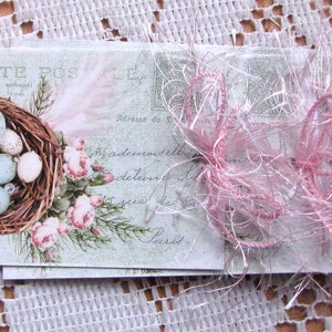 Etichette regalo / Etichette / Prodotti botanici con uccello e corona / Cartolina francese / Fibra per ciglia bianca/rosa / Set da 6
