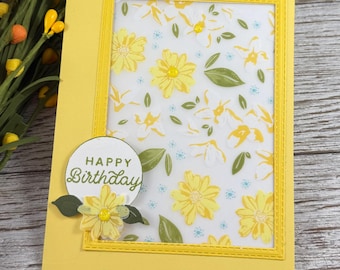 Handmade Yellow Floral Birthday Card || Elegant Vellum Birthday Card || Spring Flower Greeting Card || Feminine Happy Birthday