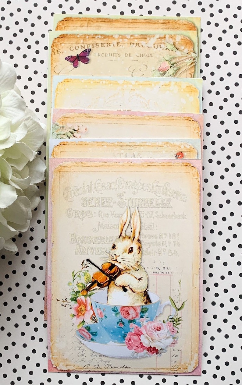 May include: A vintage-style illustration of a rabbit playing a violin while sitting in a teacup. The rabbit is white with pink ears and a pink nose. The teacup is blue and white with pink roses. The background is a collage of vintage paper with text in French and English.