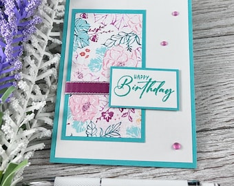 Handmade Floral Birthday Card | Teal, Pink, Feminine Greeting Card