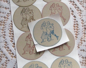 9 | Skating Couple | Christmas | Vintage Style | Sticker Seals | Shipping Included