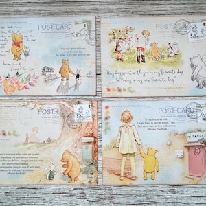 May include: Set of four Winnie the Pooh themed postcards with vintage-inspired designs. Each card features a different quote from the beloved character and a charming illustration. The quotes include: "Any day spent with you is my favourite day. So today is my new favourite day."  "If you live to be 100, I hope I live to be 100 minus 1 day, so I never have to live without you."  "If there is ever a tomorrow when we're not together... there is something you must always remember. You are braver than you believe, stronger than you seem, and smarter than you think. But the most important thing is, even if we're apart... I'll always be with you."  "A day spent with you is my favourite day. So today is my new favourite day."