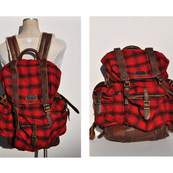 vintage backpack daypack LL BEAN carry on daypack day pack leather bottom HUGE plaid