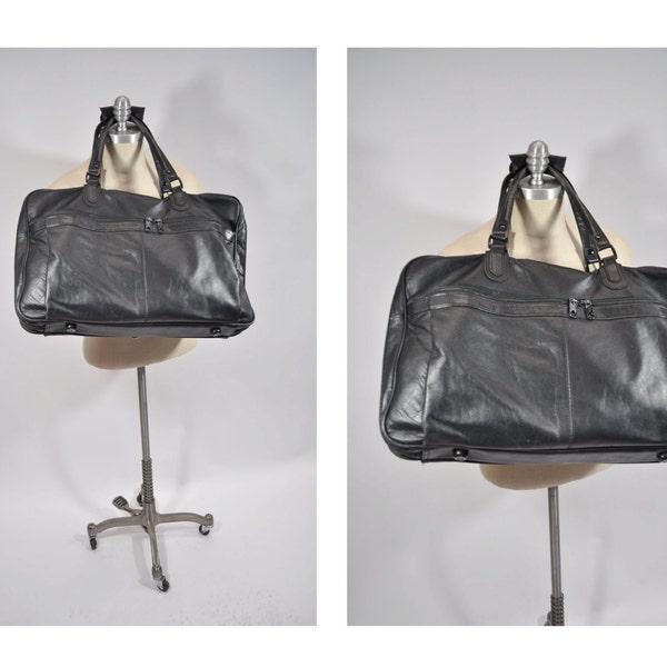 vintage leather carry on bag weekender tote  vintage leather bag duffle duffel black