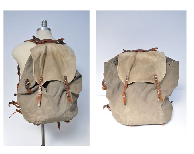 RESERVED Large Vintage Backpack Leather and Canvas Back Pack Etsy