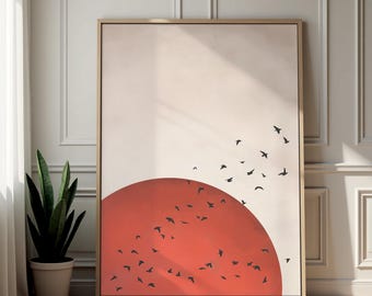 Muurkunst rode maan, print vliegende vogels, grote canvaskunst, woonkamerdecor, oosterse poster, ingelijste verbrande zon, Japandi muurprint