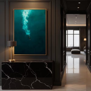 Donkerblauw zwemmen minimalistische kunst aan de muur, zee print, woonkamer decor, surrealistische ingelijste print, slaapkamer canvas, groenblauw kunst, nautische kunst