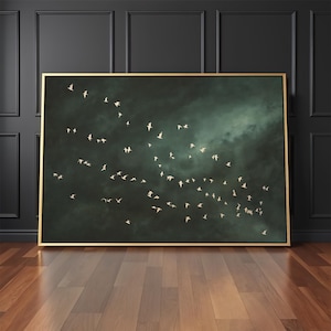 Op de afbeelding: Een ingelijste kunstdruk met een vlucht witte vogels in de lucht tegen een donkere, groenblauwe en groene wolkenlucht. Het kunstwerk is in een gouden lijst en leunt tegen een donkere muur.