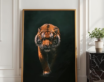 Tiger On Green Wall Art, Framed Canvas Print, Animal Art, Large Living Room Decor, Contemporary Art Print, Emerald Green Poster