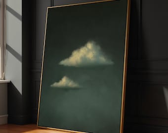 Two Dark Clouds Wall Art, Minimal Print, Abstract Canvas, Living Room Decor, Moody Art Print, Framed Cloud Canvas, Sky Art, Deep Green Art