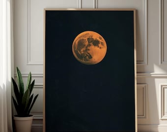 Orange Moon Wall Art Print, Dark Blue Art, Contemporary Wall Art, Minimalist Canvas Art, Large Home Decor, Space Print, Living Room Decor