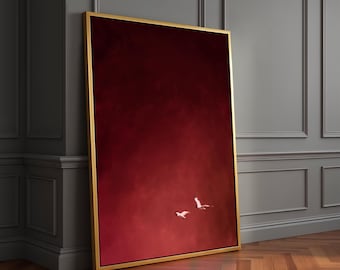 Dark Red Minimalist Birds Wall Art, Abstract Print, Large Living Room Decor, Surrealist Framed Canvas, Deep Red Sky Art, Flying Birds Poster