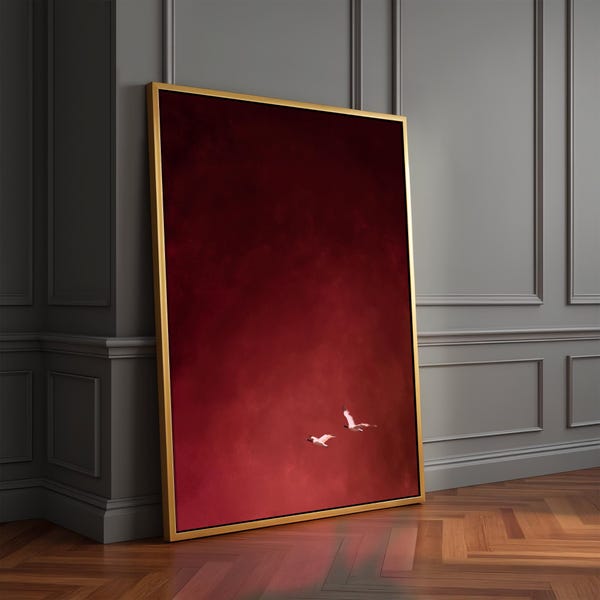Dark Red Minimalist Birds Wall Art, Abstract Print, Large Living Room Decor, Surrealist Framed Canvas, Deep Red Sky Art, Flying Birds Poster