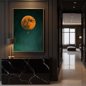 Orange Mondschaukel Wandkunst, Surrealer Druck, Dunkel Teal Poster, Nachthimmel Kunst, Große Leinwand Wanddekoration, Schlafzimmer Kunst, Große Minimalistische Leinwand
