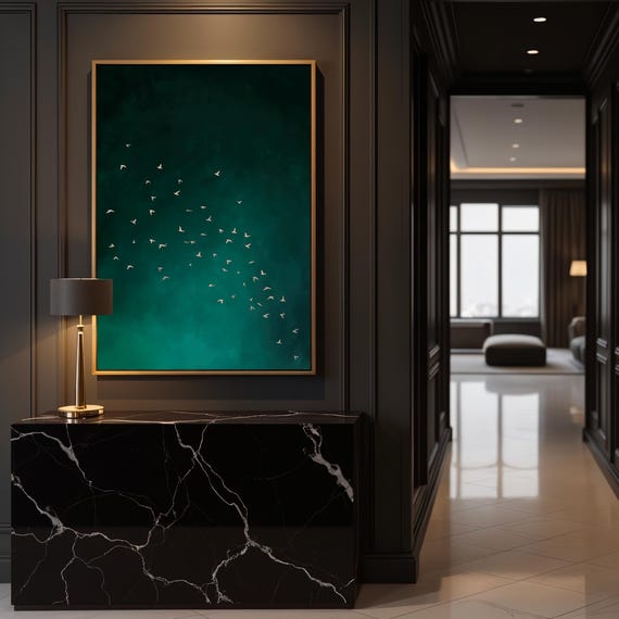 Dark Green Flock Of Birds Wall Art, Abstract Print, Living Room Decor, Surrealist Framed Canvas, Emerald Sky Art, Minimalist Painting
