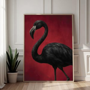 Schwarzer Flamingo Auf tiefroter Wandkunst, Minimalistischer Tierdruck, Rote Natur Inspirierte Dekoration, Wohnzimmer Kunst, Tier Druck, gerahmte Leinwandkunst