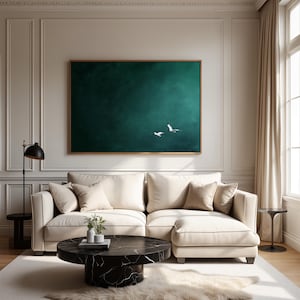 Donkergroen landschap vogels muurkunst, abstracte print, minimalistische woonkamer decor, surrealistisch ingelijst canvas, smaragdgroene luchtkunst, textuurschilderij