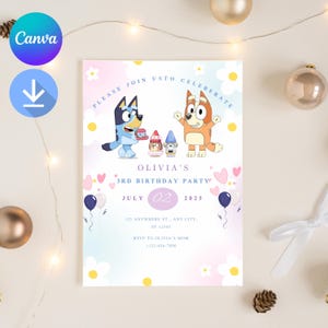 Blue Dog 2nd Birthday Invitation: Rainbow Daisy Girl Party (Digital Download)