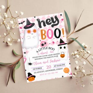 Editable Pink A Little Boo Baby Shower Invitation Bundle, Girl Halloween Baby Shower Invite, Ghost Halloween Baby Shower Invite
