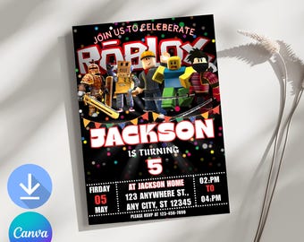 Invitation Roblox, Invitation Roblox, Game Party, Modèle d'invitation d'anniversaire Roblox Boys, Jeu d'anniversaire, Roblox pour enfants, Modèle modifiable, Toile