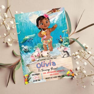 Baby Moana Geburtstagseinladung, bearbeitbare digitale Hawaiian Moana Geburtstag einladen, Kinder Thema Party Einladung, digitale Baby Moana Vorlage