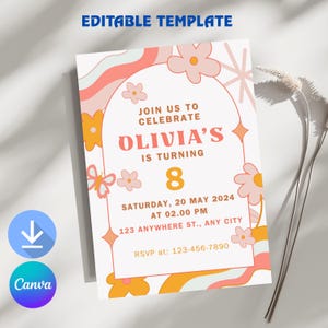 Daisy 8th Birthday Invitation: Retro Floral Design (Digital Download, Editable Canva Template)