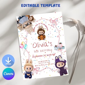 Bewerkbare Labubu verjaardagsuitnodiging GRATIS Labubu bedankkaartjes & aquarel Labubu verjaardagsuitnodiging canva sjabloon direct downloaden