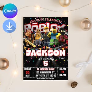 Roblox Invitation, Roblox Invite, Game Party, Roblox Boys Birthday Invitation Template, Game Birthday, Kids Roblox, Editable Template, Canva