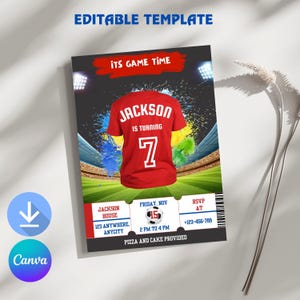 Faire-part d'anniversaire de football, maillot de football de l'âge modifiable, invitation de billet personnalisable, modèle numérique, carte d'anniversaire imprimable, téléchargement immédiat