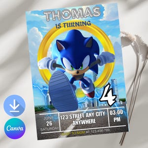Sonic 3 Birthday Invitation, Super Hedgehog Boys Party Invite, Super Sonic Party Invitation, Editable Sonic Invite Template, Canva Template