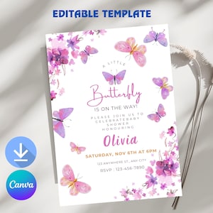 Butterfly Baby Shower Invitation, Purple Butterfly Invitation Template, Butterfly Baby Shower Invitation Girl, Butterflies and Flowers Pink