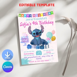 Stitch Editable Birthday Invitation Template, Printable Birthday Invitations, Digital Kids Party Invite, Digital Bday Card Invite, Stitch