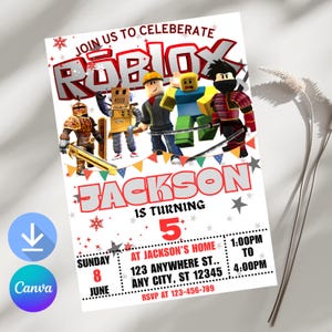 Invitación de Roblox, invitación de Roblox, fiesta de juegos, plantilla de invitación de cumpleaños de chicos de Roblox, cumpleaños de juegos, Roblox para niños, plantilla editable, Canva