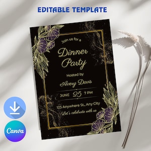 Digital Birthday Dinner Invitation Template, Black Tie Glam Invite, Animated Black Golden Diamond Evite For Men & Women, Self Editable eCard