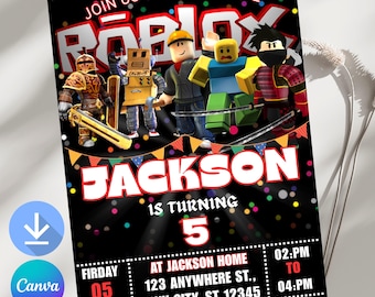 Roblox uitnodiging, roblox uitnodigen, game party, roblox jongens verjaardagsuitnodiging sjabloon, game verjaardag, kinder roblox, bewerkbare sjabloon, canva