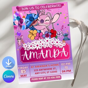 Invitación de cumpleaños de Stitch y Ángel: Plantilla editable e imprimible. Hermosa invitación para el cumpleaños de tu pequeño, editable en Canva.