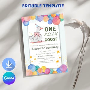 One Silly Goose 1st Birthday Invitation Template: Editable Green Invite (Digital Download)