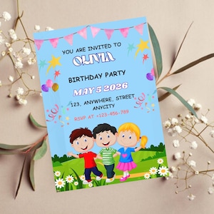 Editable Birthday Invitation Template | Cute Cartoon Kids Theme | Instant Download | Edit with Canva | Printable Digital Invite