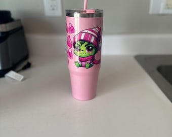 Vaso navideño de acero inoxidable de 30 oz con el Grinch rosa