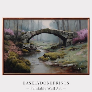Druckbare Vintage Steinbrücke Crossing Stream Ölgemälde JPG, Wanddruck Kunst, rustikale Natur Landschaft Dekor, digitaler Download Wohnkultur